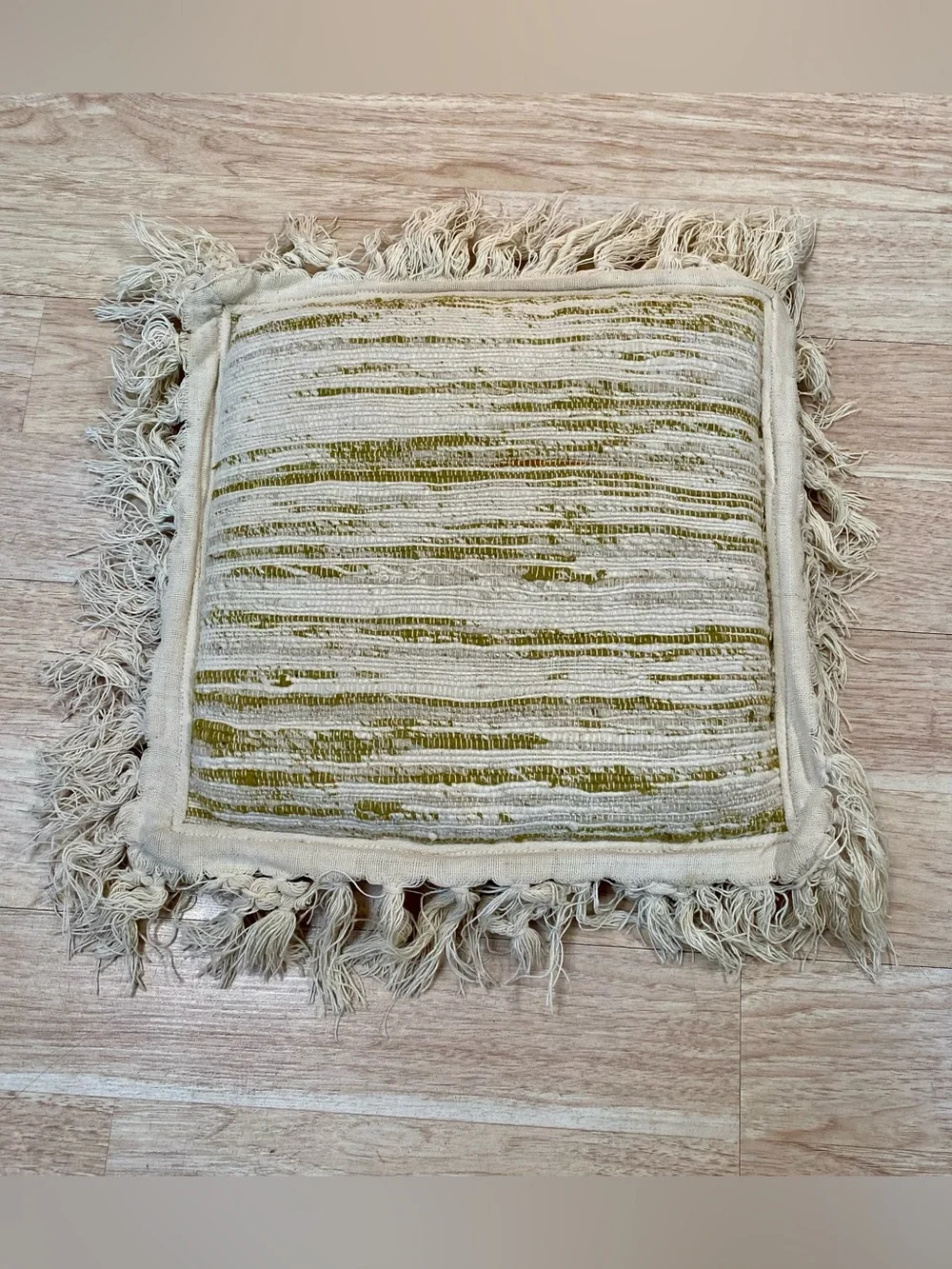 Vintage Irovy Textured Throw Pillow Horizontal Stripe Fringe Edge Approx 14x14in